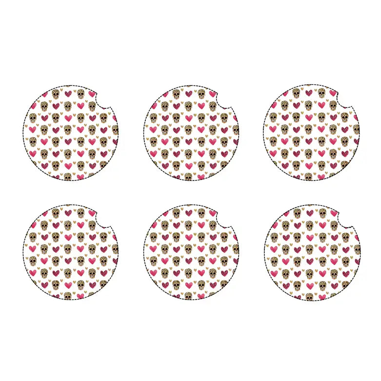 Skulls and hearts car coaster set