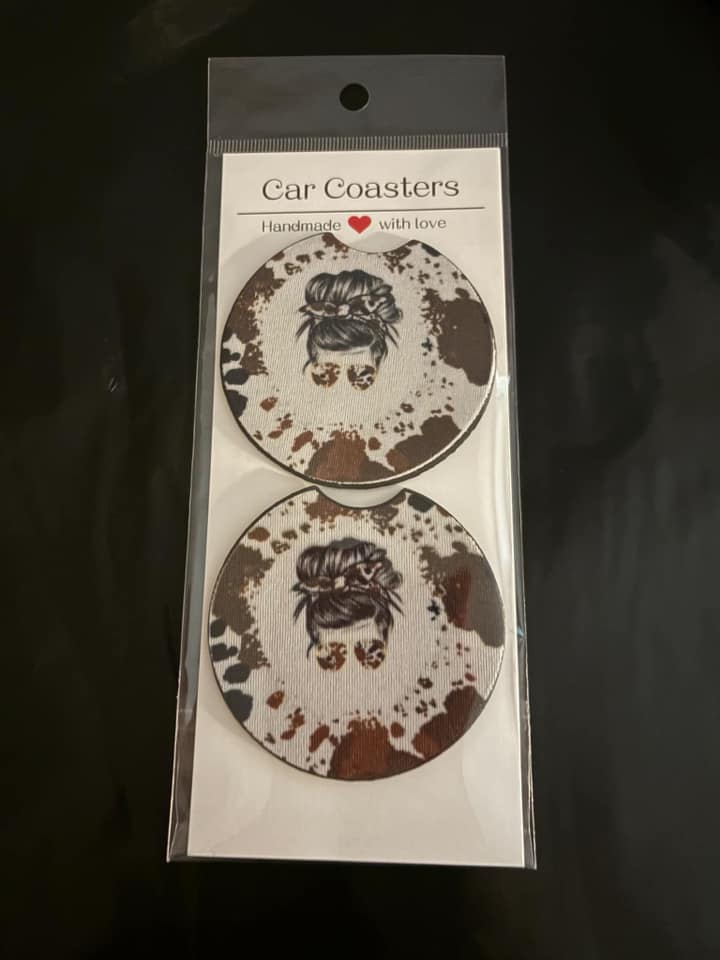 cow print messy bun car coaster set