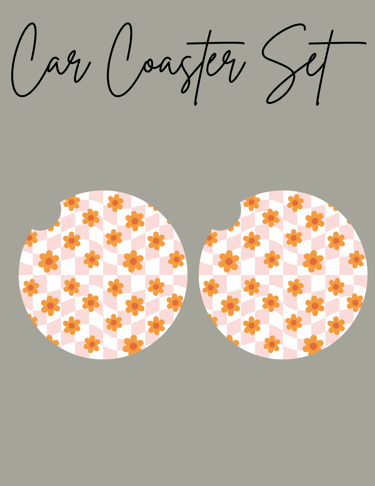 Pink Checkered groovy flower car coaster set