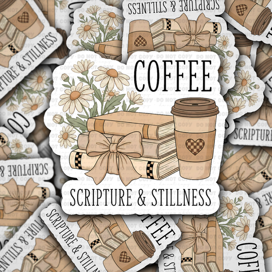 Coffee scripture and stillness sticker