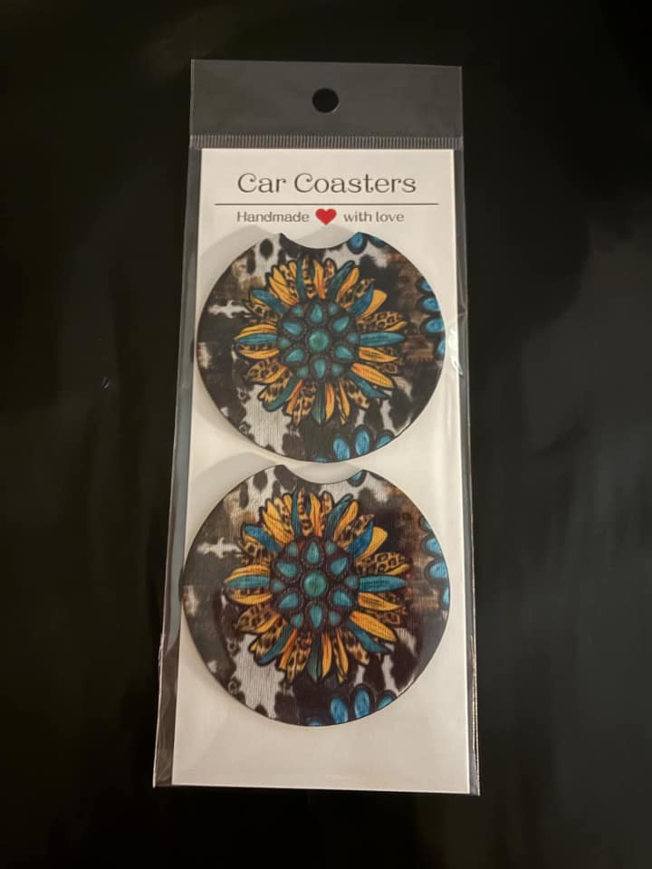 Sunflower turquoise car coaster set