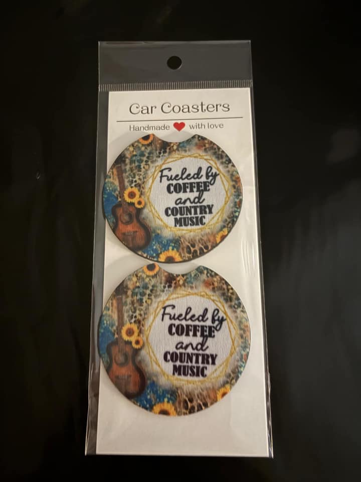 Fueled by coffee and country music car coaster set
