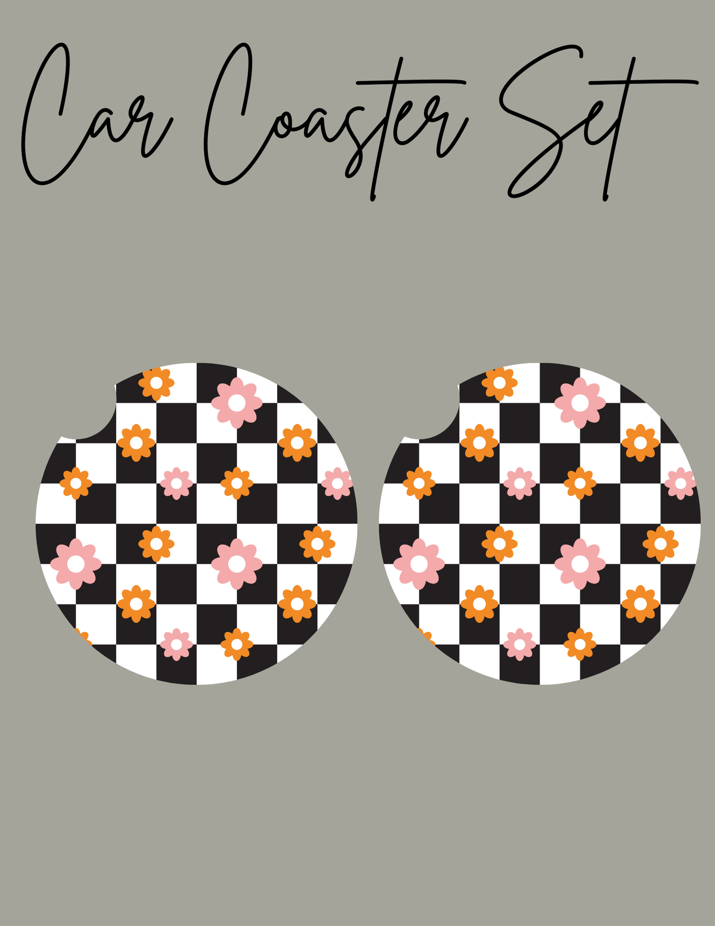 Checkered groovy flower car coaster set
