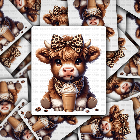 Coffee Addict Leopard Highland Cow sticker