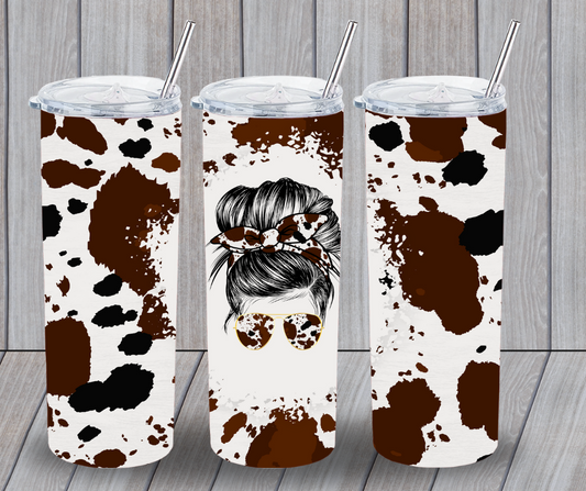 Cow print messy bun tumbler