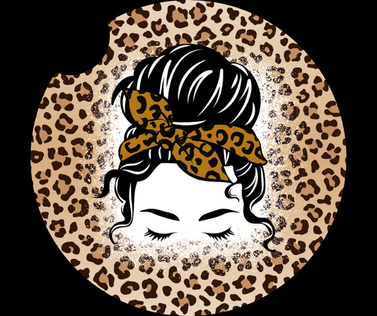 Leopard mom bun car coasters