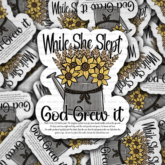 While She Slept God Grew It sticker