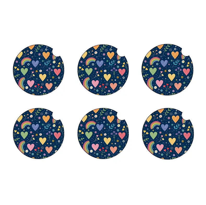 Hearts and rainbows car coaster set