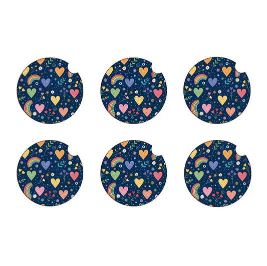 Hearts and rainbows car coaster set