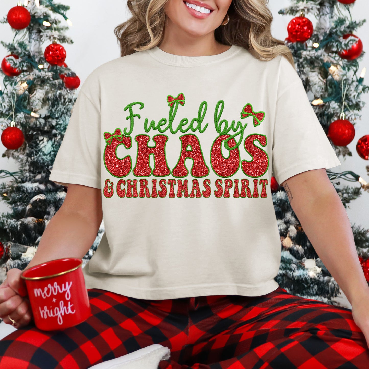 Fueled by chaos and Christmas spirit dtf print