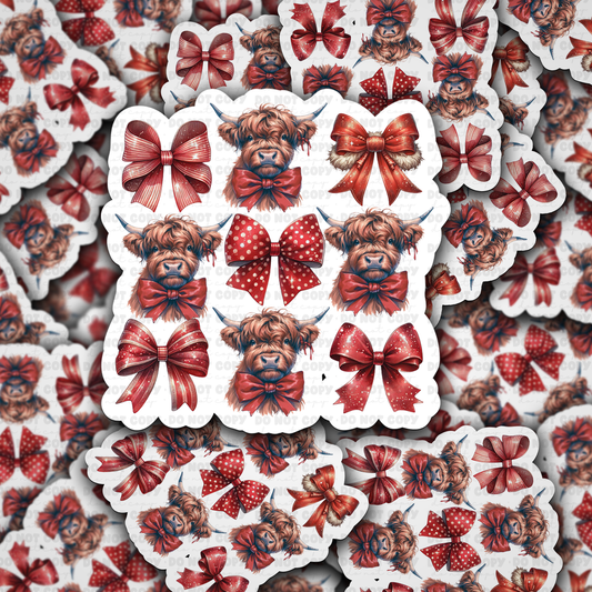 Red highland cow bow sticker