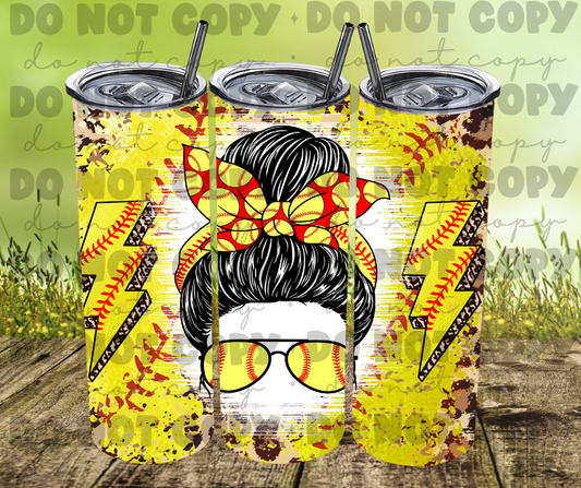 Softball messy bun tumbler
